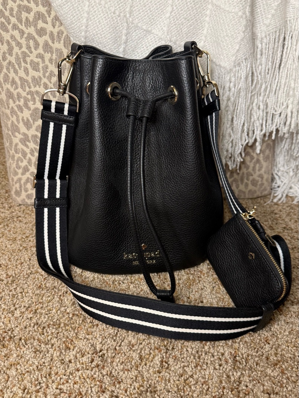 kate spade Black Leather Drawstring Bucket Bag